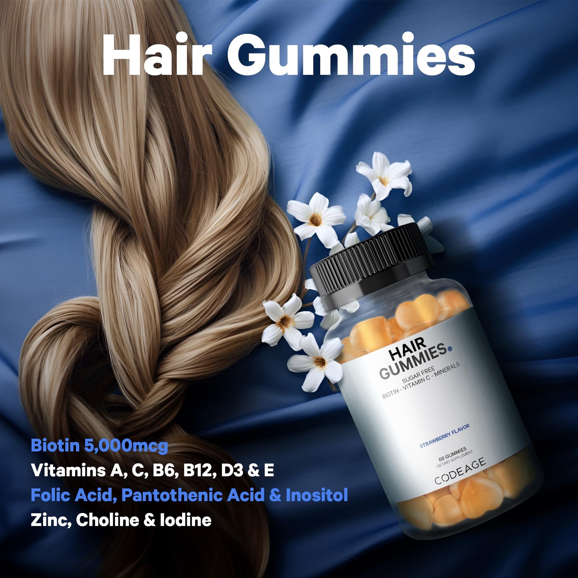 Codeage Hair Gummies, Biotin 5000 mcg, Sugar Free Growth Gummy Vitamins A, C, B6, B12, D3, Zinc, Inositol Supplement CodeageBuy Supplements Australia