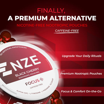 NZE Caffeine Free Nootropic Pouches (Black Cherry) - Nootropic Pouches with Alpha GPC, L-Tyrosine & L-Theanine - No Sugar or Artificial Sweeteners - 15 Pouches Per Can - 5 Pack NZEBuy Supplements Australia