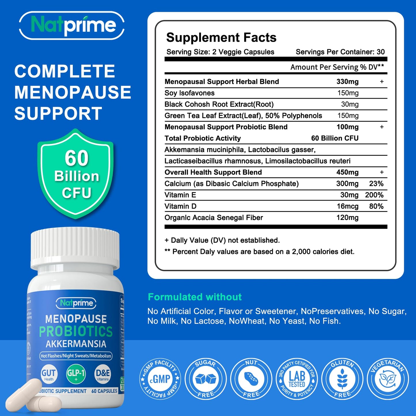 Natprime Menopause Supplements for Women - 60 Billion CFU Akkermansia Probiotic for Hormonal Balance, Night Sweats, Hot Flashes Relief, Gut Health, Mood Support & URO Viginal probiotic - 60 Ct 30 Day NatprimeBuy Supplements Australia