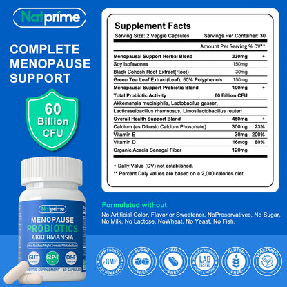Natprime Menopause Supplements for Women - 60 Billion CFU Akkermansia Probiotic for Hormonal Balance, Night Sweats, Hot Flashes Relief, Gut Health, Mood Support & URO Viginal probiotic - 60 Ct 30 Day NatprimeBuy Supplements Australia