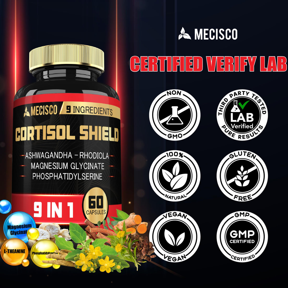 9in1 Cortisol Shield - Ashwagandha & Magnesium Glycinate, Rhodiola, Phosphatidylserine, L-Theanine, Licorice Root, St. John's Wort, Lions Mane - Mind & Mood, Restful Night Support - 60 Capsules MeciscoBuy Supplements Australia