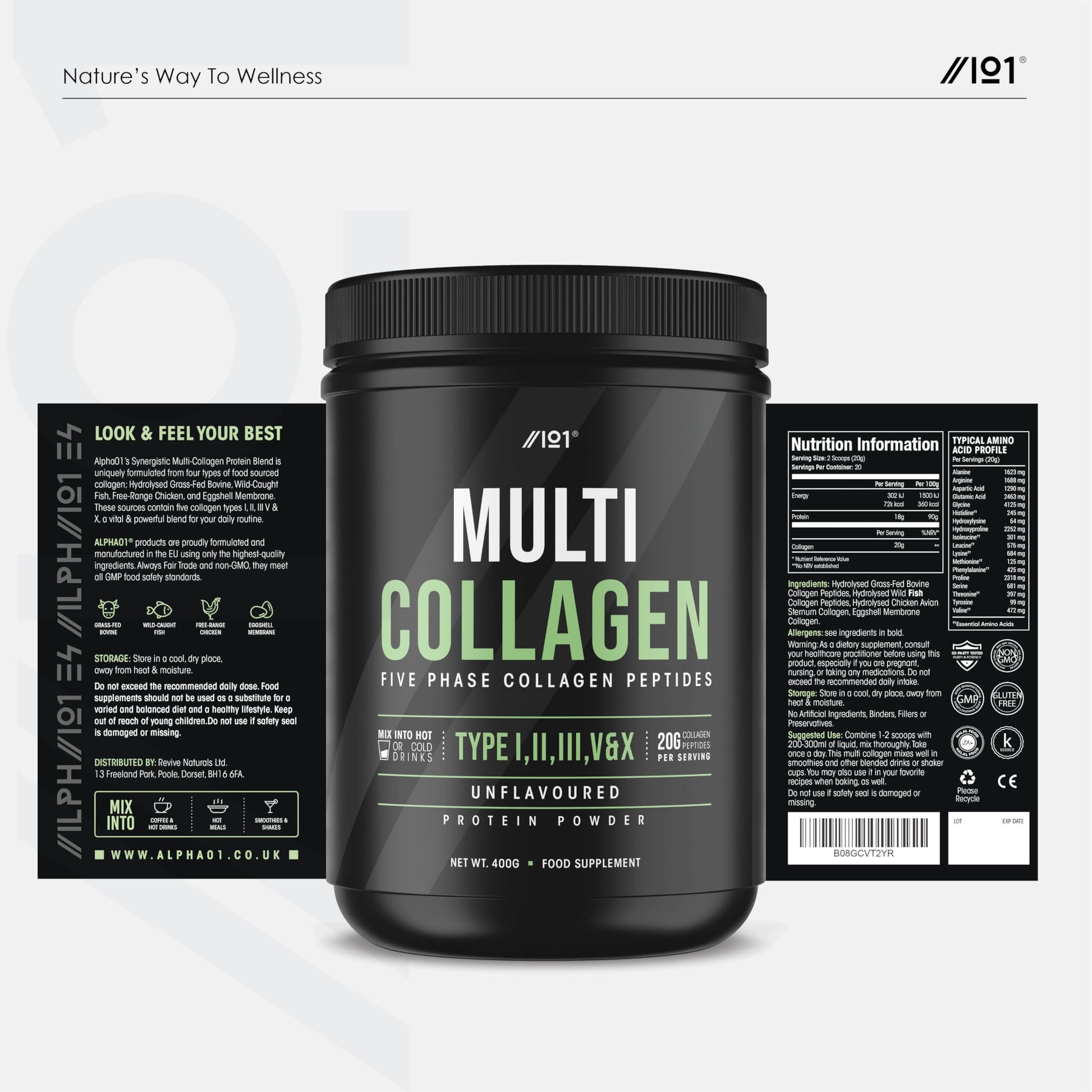 Multi Collagen Protein Powder (400g) - Types I, II, III, V & X - Hydrolyzed Grass Fed Bovine, Wild Caught Fish ALPHA01Buy Supplements Australia