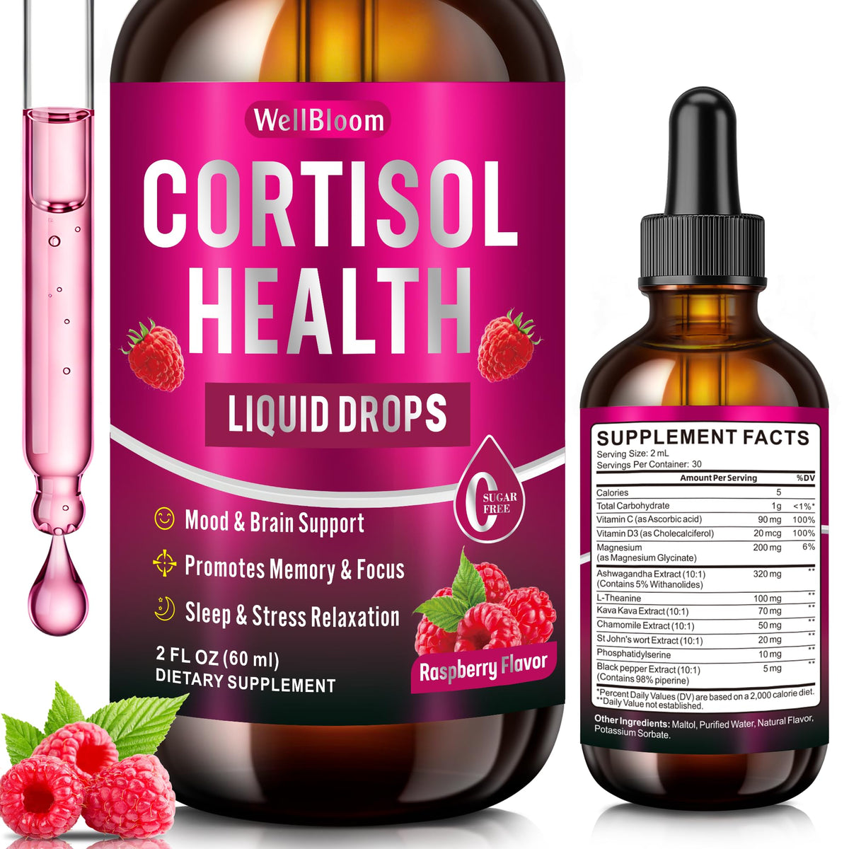 WellBloom Cortisol Reducer for Women & Men with Magnesium Glycinate, Ashwagandha, L-Theanine - Supports Stress Relief, Sleep & Heart Health, Nerves, Muscles - 2 Fl Oz WellBloomBuy Supplements Australia