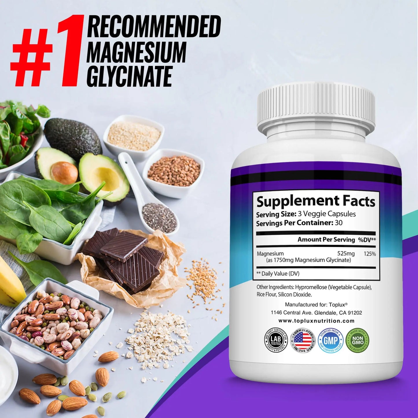Magnesium Glycinate 525mg - High Absorption Chelated Magnesium Supplement Made with Pure Magnesium Glycinate - Supports Muscles, Sleep, Cramps, Recovery Bisglycinate Toplux canada supplements