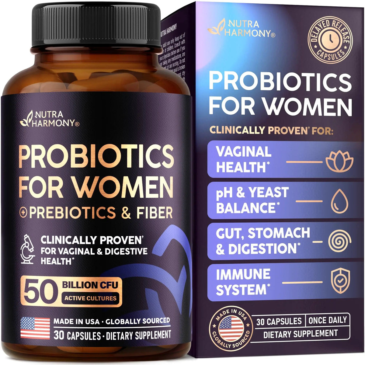 Probiotics for Women 50 Billion CFU - Vaginal Probiotics Clinically Proven for Yeast & pH Balance - Digestion & Bloating Relief - 8 Strains + Prebiotics - Delay Release - Made in USA, 30 Capsules NUTRAHARMONYBuy Supplements Australia