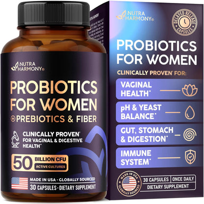 Probiotics for Women 50 Billion CFU - Vaginal Probiotics Clinically Proven for Yeast & pH Balance - Digestion & Bloating Relief - 8 Strains + Prebiotics - Delay Release - Made in USA, 30 Capsules NUTRAHARMONYBuy Supplements Australia