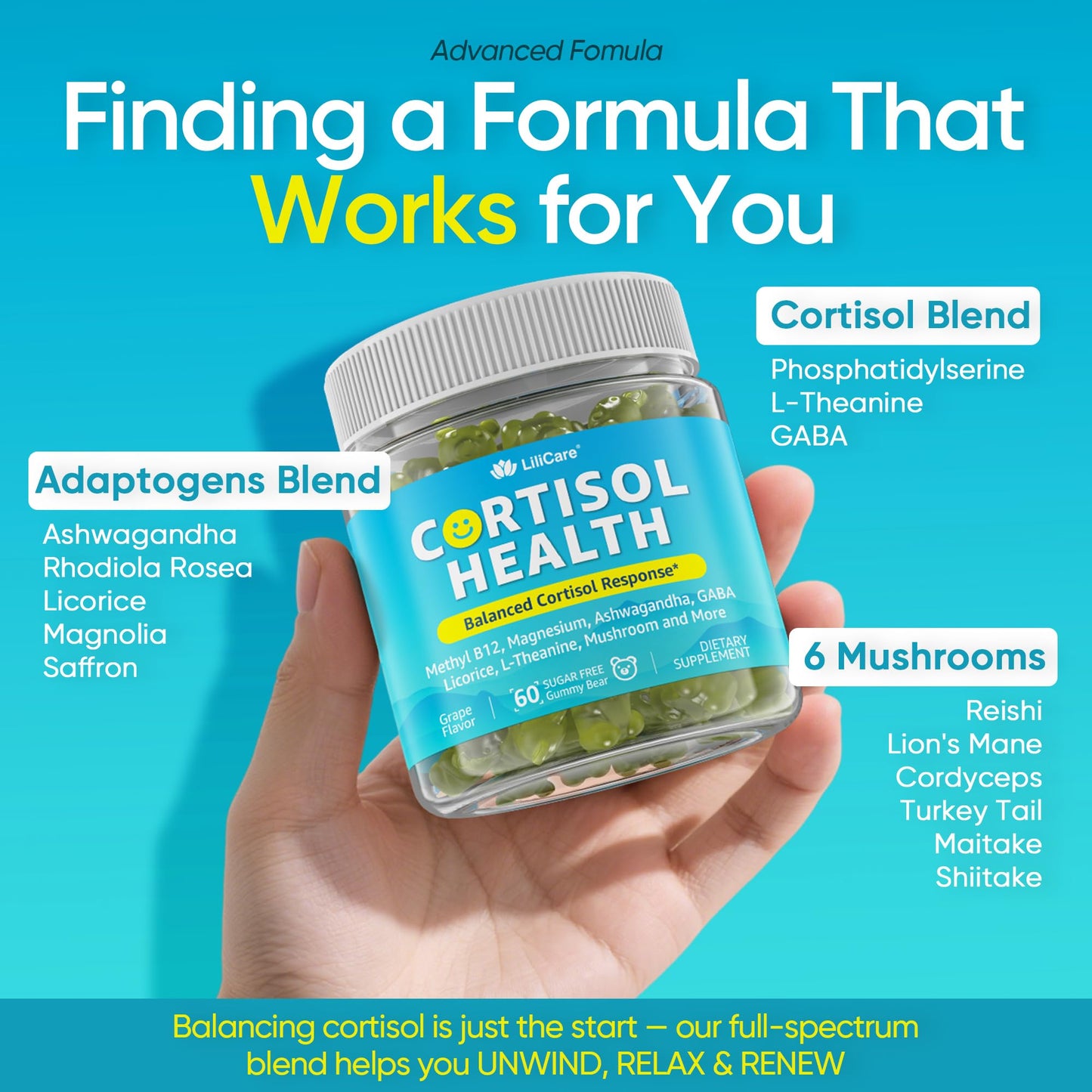 Cortisol Gummies for Women & Men, Sugar Free Cortisol Reducer Supplements w/ Magnesium, Ashwagandha, Mushroom, L-theanine, Rhodiola, Vitamin B6 B12 for Cortisol Detox, Relax, Sleep Support 2 Pack LILICAREBuy Supplements Australia
