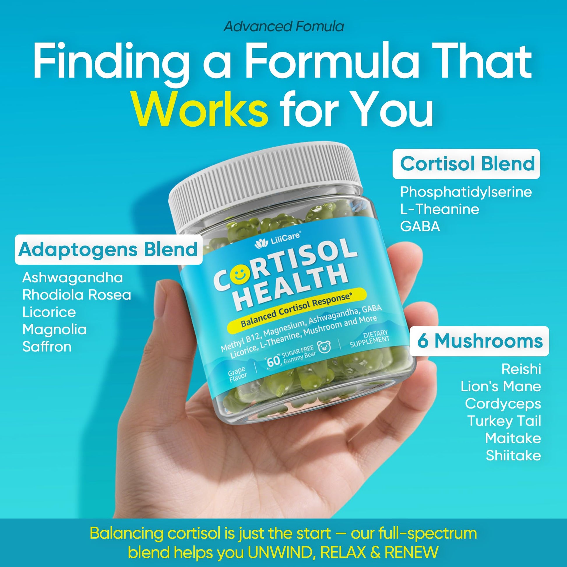 Cortisol Gummies for Women & Men, Sugar Free Cortisol Reducer Supplements w/ Magnesium, Ashwagandha, Mushroom, L-theanine, Rhodiola, Vitamin B6 B12 for Cortisol Detox, Relax, Sleep Support 2 Pack LILICAREBuy Supplements Australia