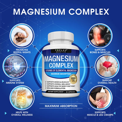 Magnesium Complex Supplement 8 Elemental 1000mg - Magnesium Glycinate, Citrate, Malate, Taurate, Chelated for Easy Absorption for Bones, Muscle, Recovery, Energy, Vegan Non-GMO 90 Capsules Toplux buy supplements Au