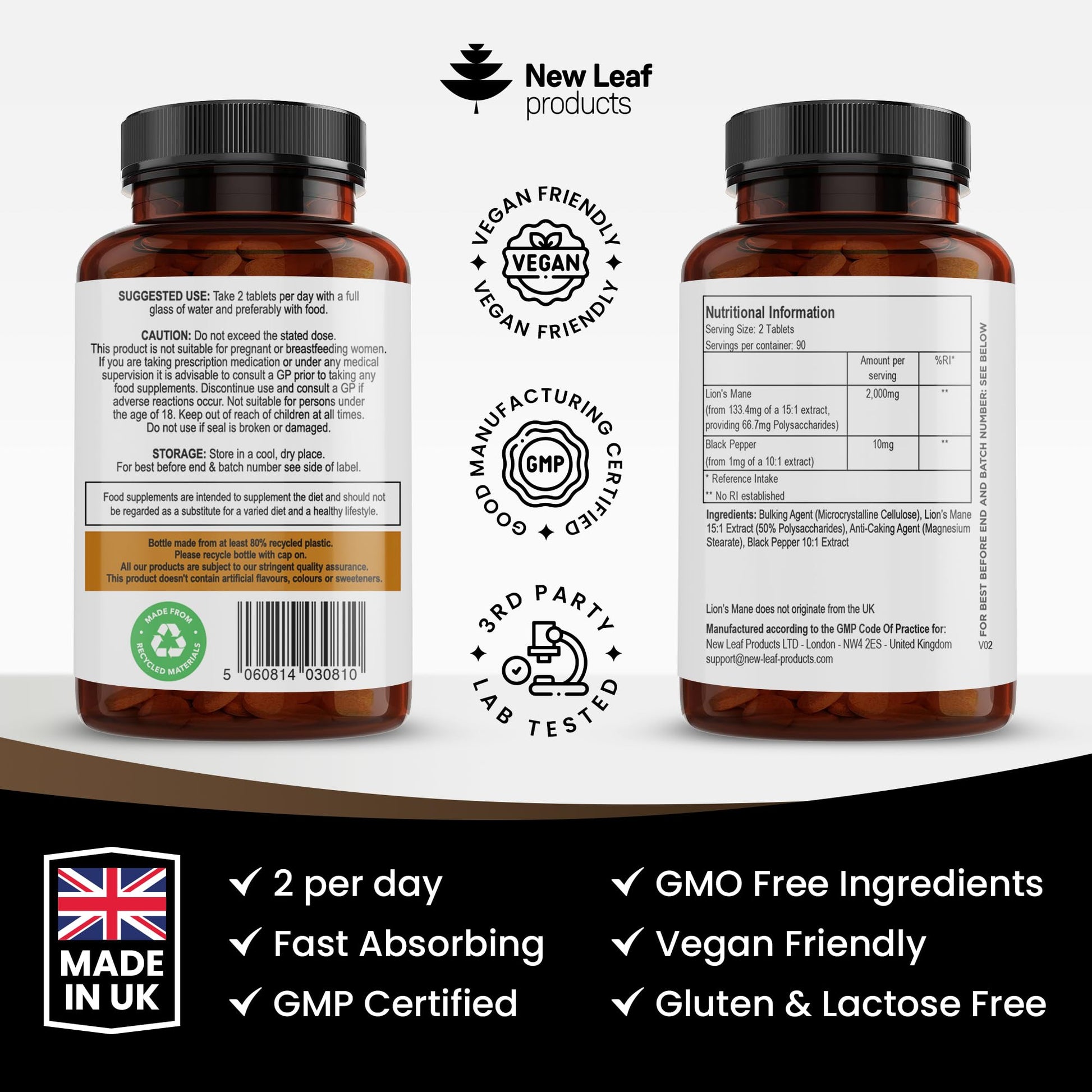 Lions Mane Mushroom Extract Supplement 2000mg - 180 High Strength Vegan Tablets NEW LEAF PRODUCTSBuy Supplements Australia