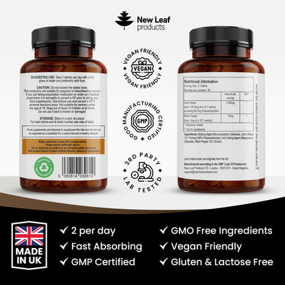 Lions Mane Mushroom Extract Supplement 2000mg - 180 High Strength Vegan Tablets NEW LEAF PRODUCTSBuy Supplements Australia