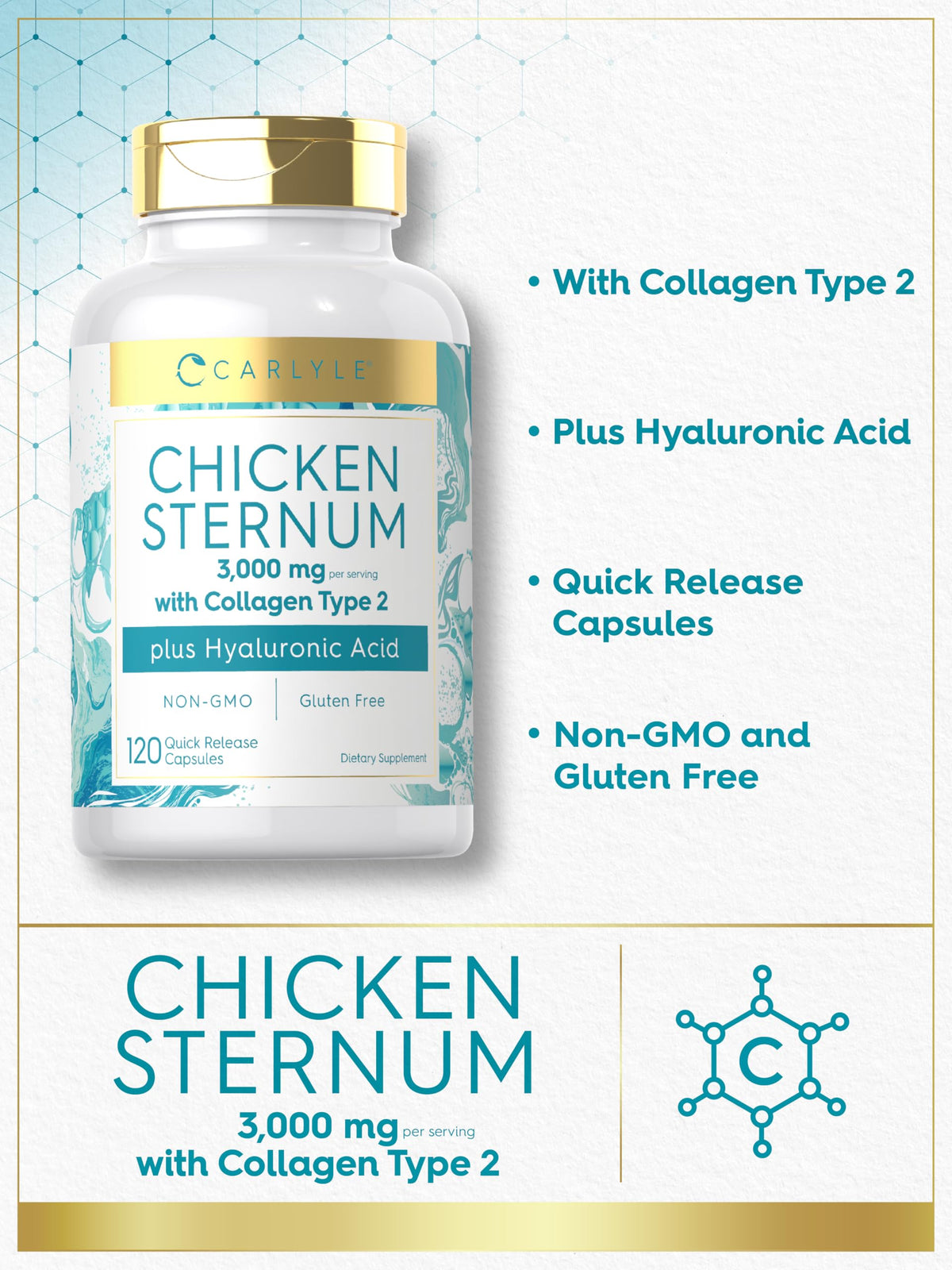 Carlyle Chicken Sternum Collagen Type 2 | 3000mg | 120 Capsules | Plus Hyaluronic Acid | Non-GMO, Gluten Free Supplement Carlyle buy supplements Au