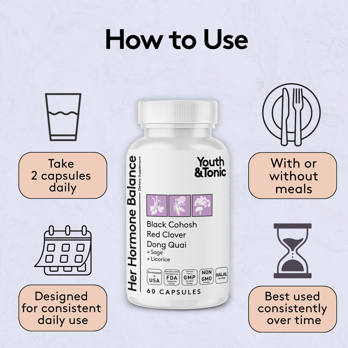 Youth & Tonic Her Hormone Balance – Menopause Supplement for Women, Perimenopause Support, Non-Hormonal Herbal Formula with Black Cohosh for Hot Flashes & Night Sweats, 60 Capsules Youth & TonicBuy Supplements Australia
