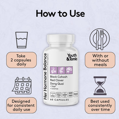 Youth & Tonic Her Hormone Balance – Menopause Supplement for Women, Perimenopause Support, Non-Hormonal Herbal Formula with Black Cohosh for Hot Flashes & Night Sweats, 60 Capsules Youth & TonicBuy Supplements Australia