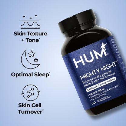 HUM Mighty Night Nighttime Sleep Supplement for Skin Care, CoQ10, Valerian Root & Ferulic Acid to Support Cell Turnover, Skin Vitamins for Women and Men, Overnight Beauty Vitamins, 60 Vegan Softgels HUMBuy Supplements Australia