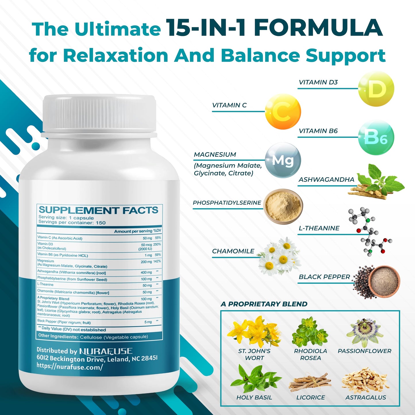 NURAFUSE CORTISOL Health Ashwagandha 15-in-1 Supplement with Magnesium Phosphatidylserine L-Theanine Chamomile Rhodiola Rosea Licorice Holy Basil NURAFUSEBuy Supplements Australia