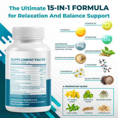 NURAFUSE CORTISOL Health Ashwagandha 15-in-1 Supplement with Magnesium Phosphatidylserine L-Theanine Chamomile Rhodiola Rosea Licorice Holy Basil NURAFUSEBuy Supplements Australia