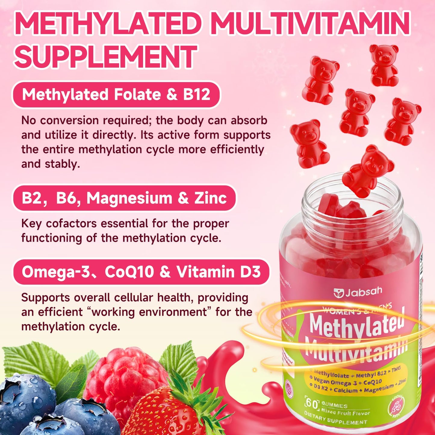 Methylated Vitamin B Complex Gummies for Women & Men, Multivitanins Gummy with Vitamin A, C ,E, Methylfolate & B12, TMG, Calcium, D3 K2 JabsahBuy Supplements Australia