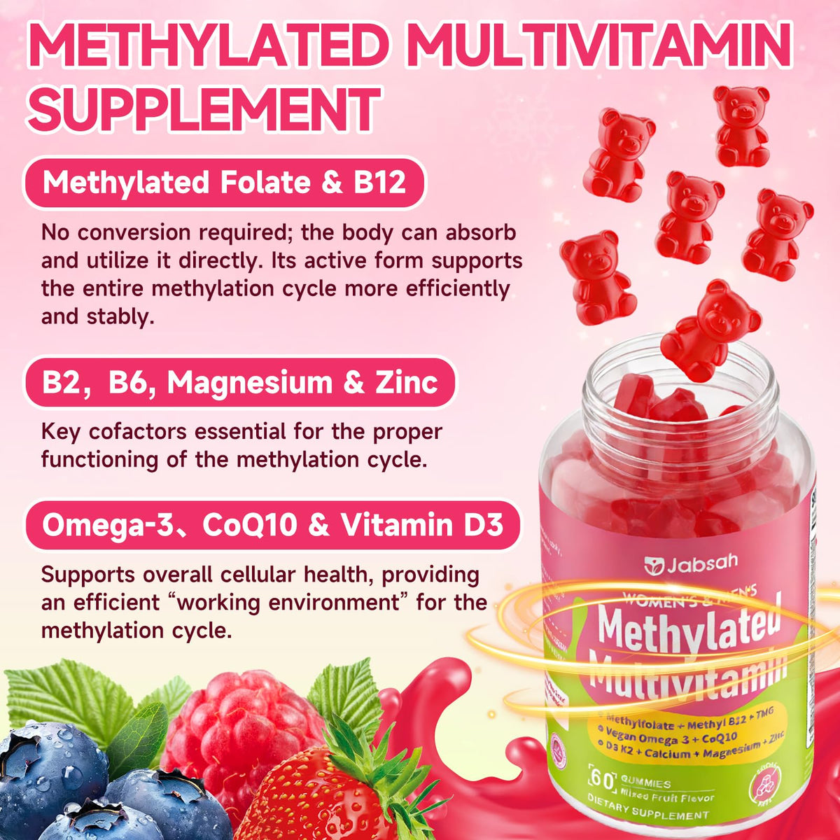 Methylated Vitamin B Complex Gummies for Women & Men, Multivitanins Gummy with Vitamin A, C ,E, Methylfolate & B12, TMG, Calcium, D3 K2 JabsahBuy Supplements Australia