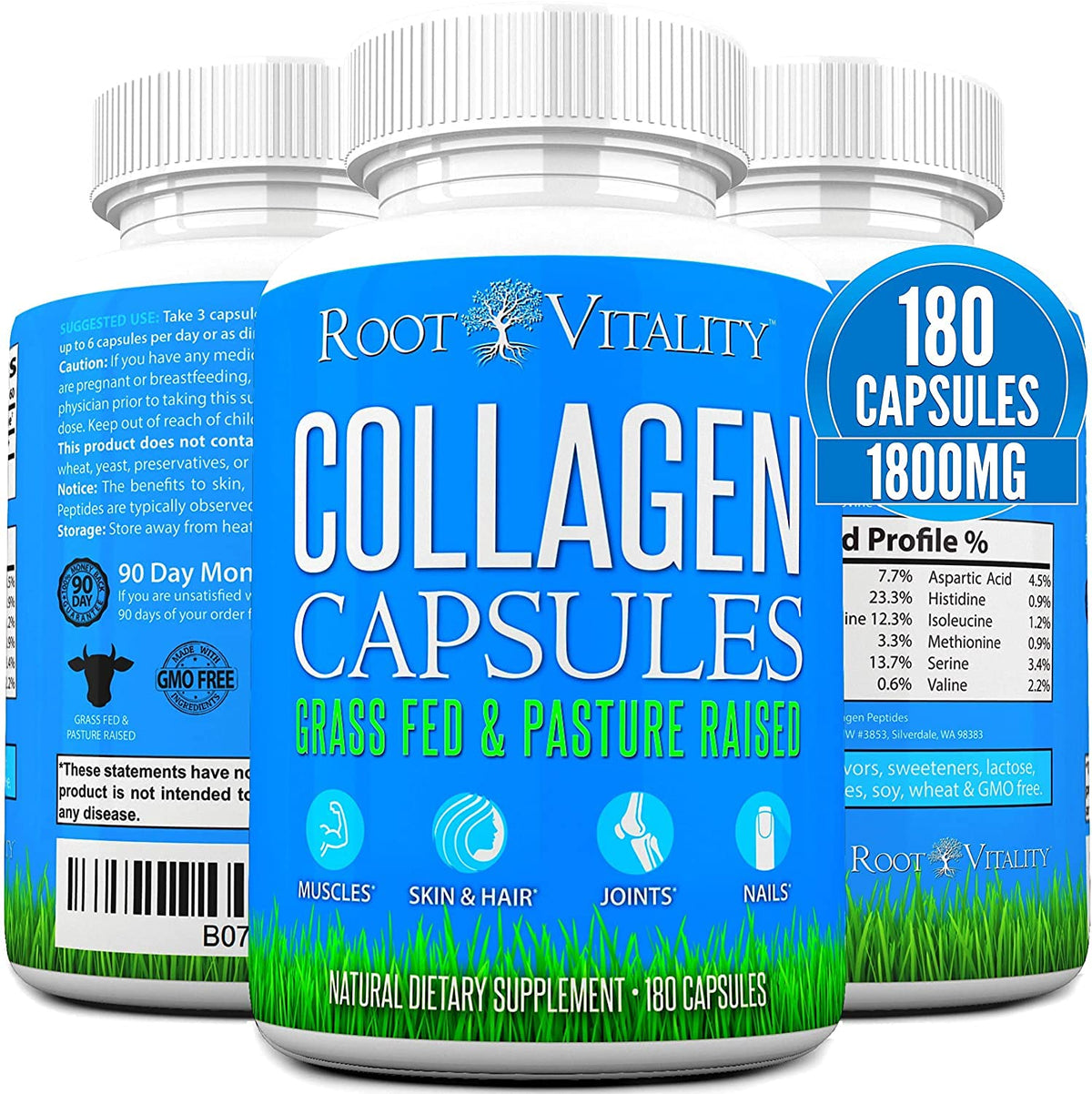 Root Vitality Collagen Peptides Capsules - Grass-Fed, Pasture-Raised Hydrolyzed Protein Supplement for Skin, Hair, & Nails - Non-GMO, Zero Sugar Daily Pills for Men & Women (180 Capsules) Root VitalityBuy Supplements Australia