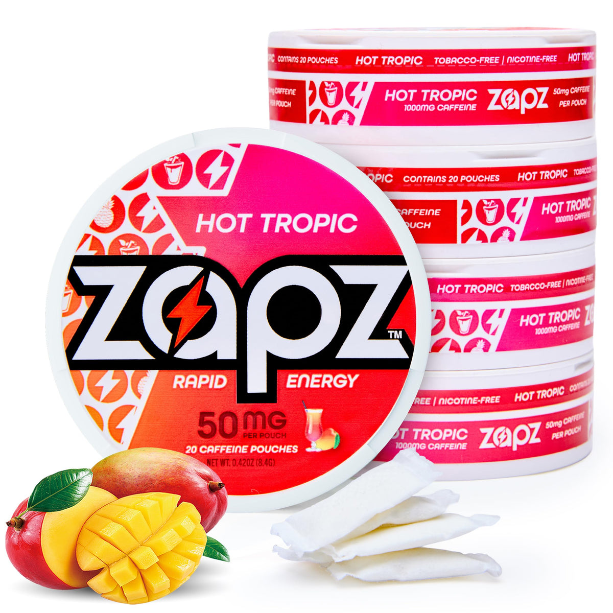 ZAPZ Caffeine Pouches, Hot Tropic, 5 Cans x 20 Count, Energy Pouches with 50mg Caffeine, Nootropic Focus Support, Niacin, L-Theanine, L-Tyrosine, Sugar Free, No Coffee Grinds ZAPZBuy Supplements Australia