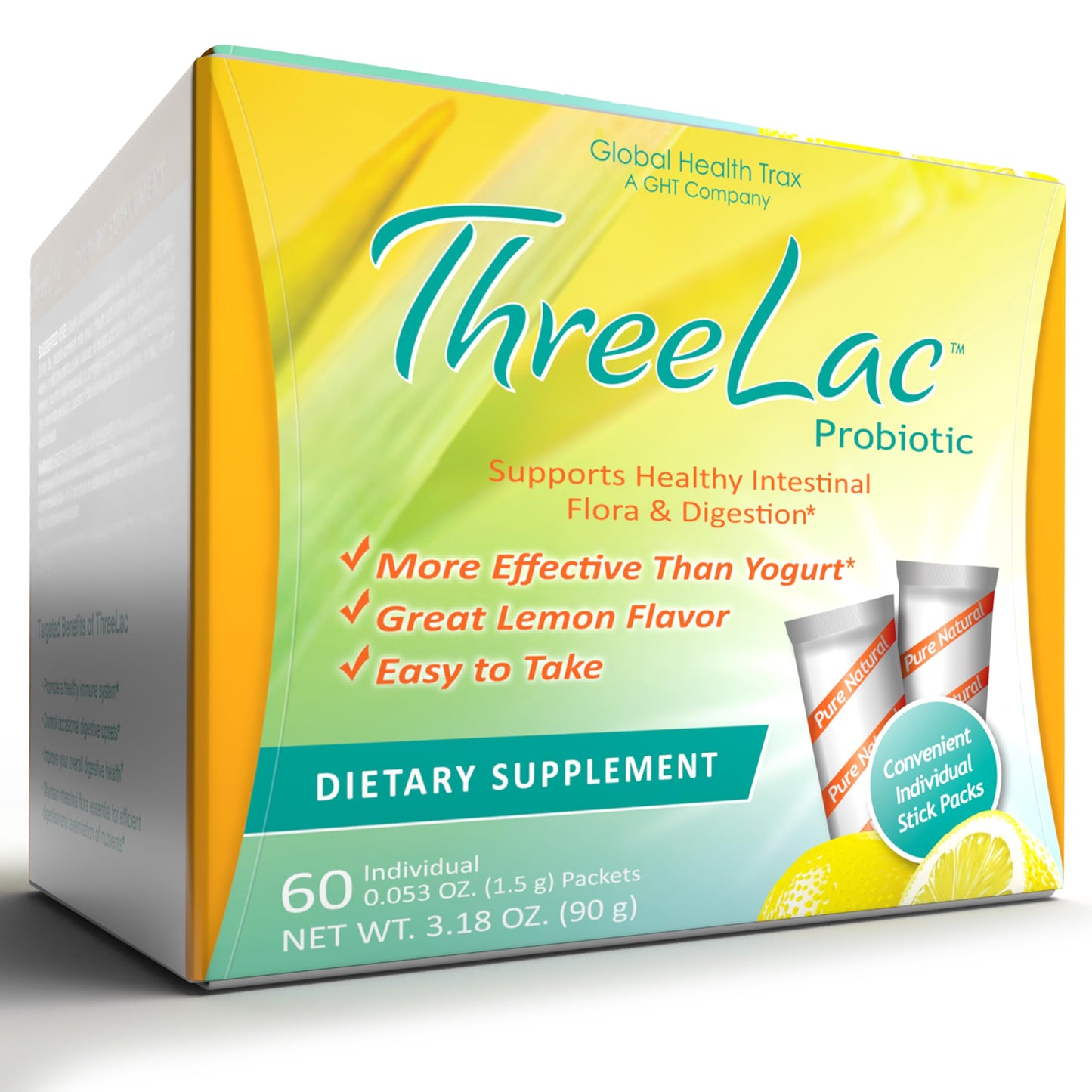 Global Health Trax GHT - ThreeLac Lemon Probiotic Drink Mix for Digestive Health - Advanced Probiotic Powder Formula for Men, Women & Kids - Immune Support & Gut Balance, Non-GMO - 60 Packets ght Global Health TraxBuy Supplements Australia