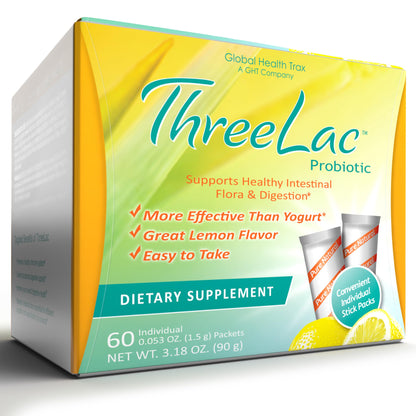 Global Health Trax GHT - ThreeLac Lemon Probiotic Drink Mix for Digestive Health - Advanced Probiotic Powder Formula for Men, Women & Kids - Immune Support & Gut Balance, Non-GMO - 60 Packets ght Global Health TraxBuy Supplements Australia