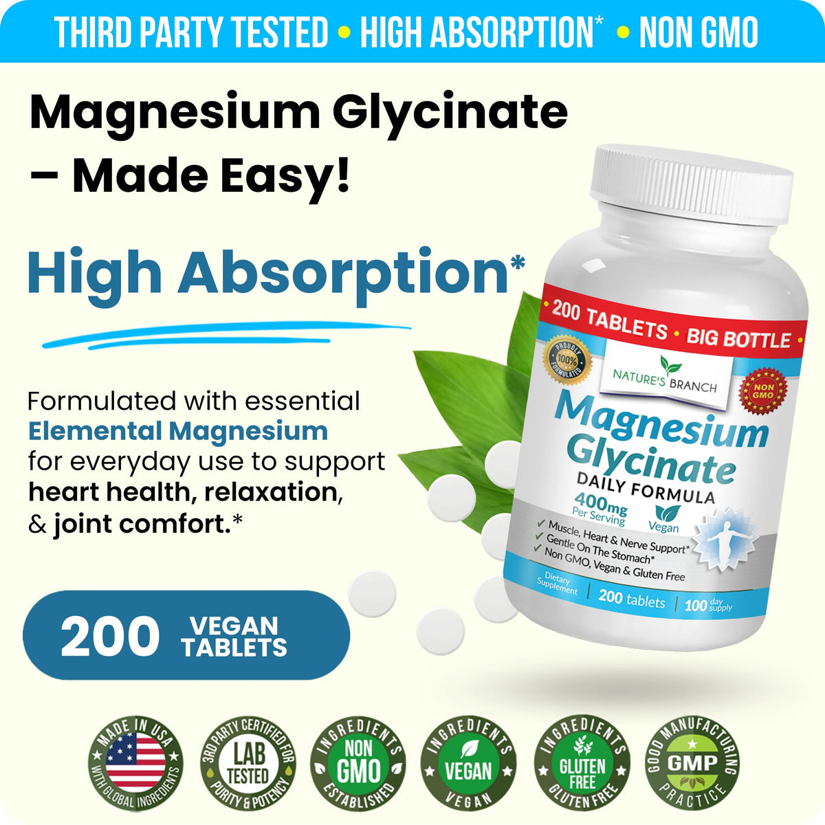Magnesium Glycinate 400mg | 200 Tablets | High Absorption Mag Supplements for Sleep, Leg Cramps, Heart, Muscle, Calm | Non Buffered Bisglycinate, Extra Strength for Women and Men, Tablets Not Capsules NATURE'S BRANCHBuy Supplements Australia