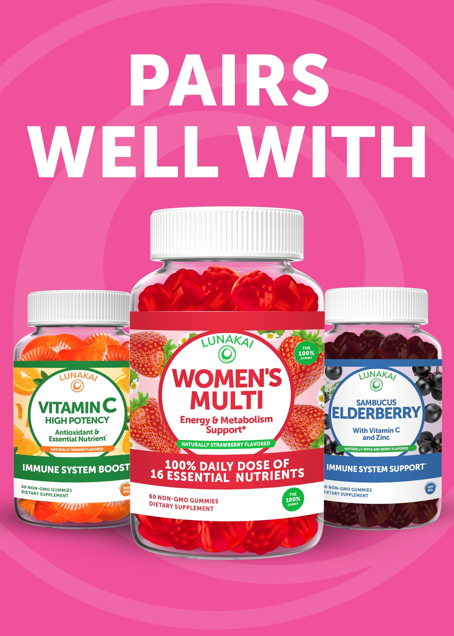 Lunakai USA Made Prebiotic + Probiotic Gummies for Women and Men - High Potency 5 Billion CFUs with Fibers - Non-GMO Gut Health Support - 3 Pack