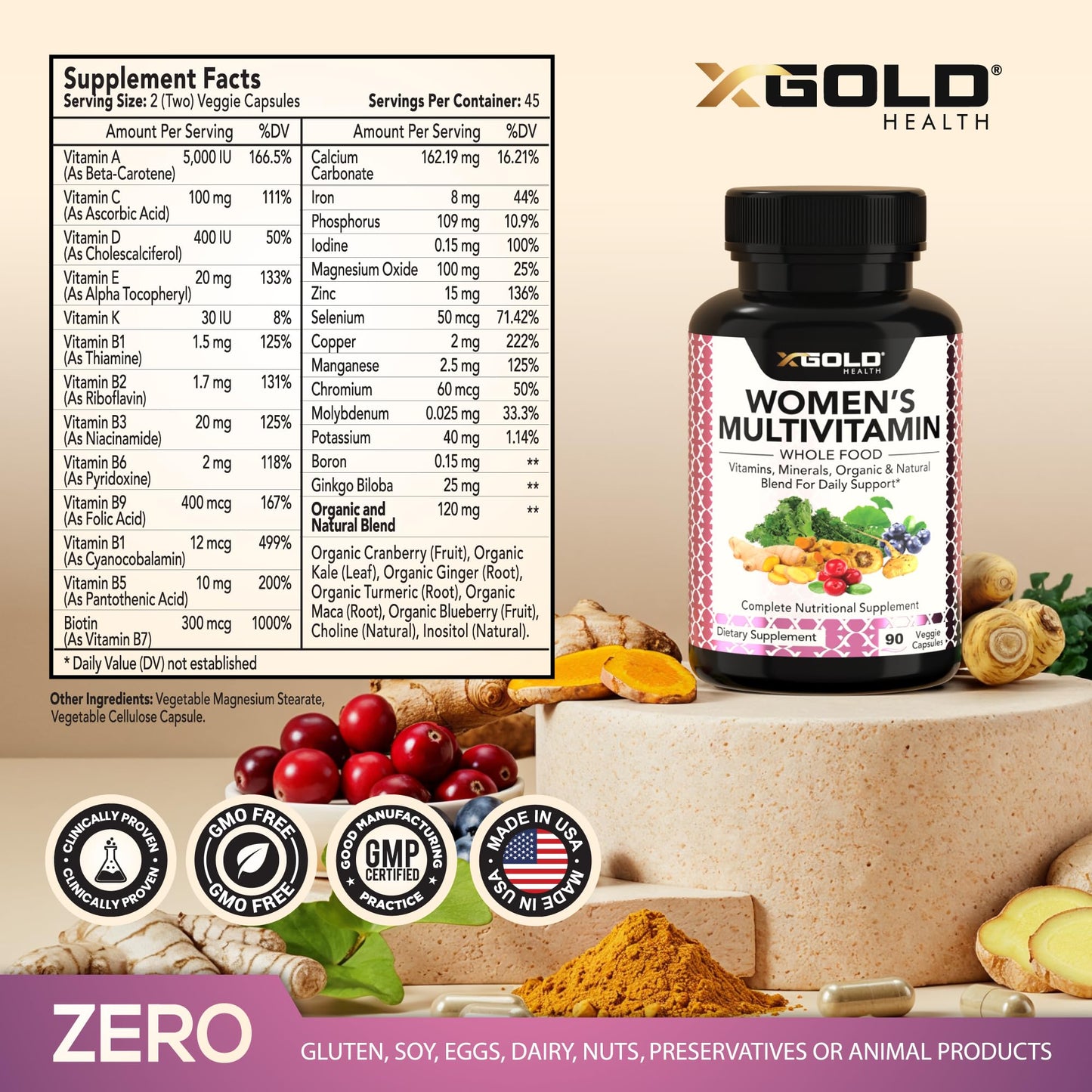 Vegan Women's Daily Multivitamin 50 Plus with Organic WholeFood Based Natural Ingredients, Ginger, Maca, Multi-Vitamin B Complex & More X Gold HealthBuy Supplements Australia