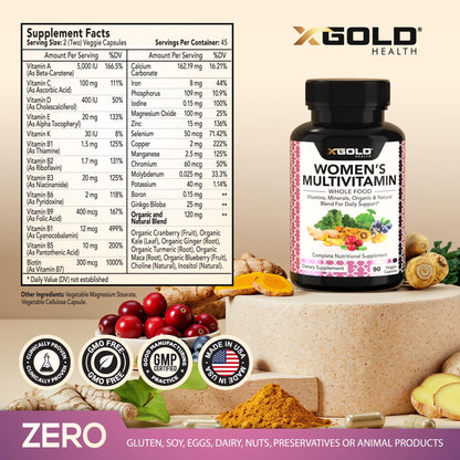 Vegan Women's Daily Multivitamin 50 Plus with Organic WholeFood Based Natural Ingredients, Ginger, Maca, Multi-Vitamin B Complex & More X Gold HealthBuy Supplements Australia