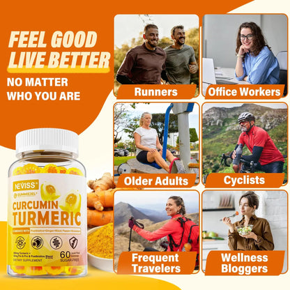 Sugar Free Turmeric Curcumin Filled Gummies 550mg for Adults, Ginger & Black Pepper | 95% Curcuminoids w/Prebiotic Probiotic & Postbiotic Blend, Support, Immune & Digestive Health, Vegan, 2Pack NEVISSBuy Supplements Australia