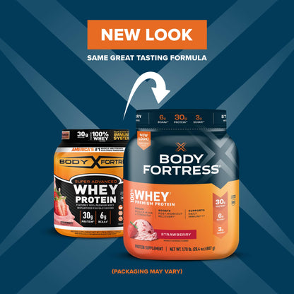 Body Fortress 100% Whey, Premium Protein Powder, Strawberry, 1.78lbs Packaging May Body FortressBuy Supplements Australia