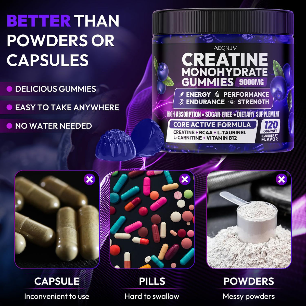 AEQNJV Creatine Gummies Monohydrate Complex for Men & Women, 9000MG Creatine Pre-Workout Supplement Enhance Muscle Strength Recovery Cognitive Health & Memory, 120 Gummies Sugar Free Vegan Non-GMO AEQNJVBuy Supplements Australia