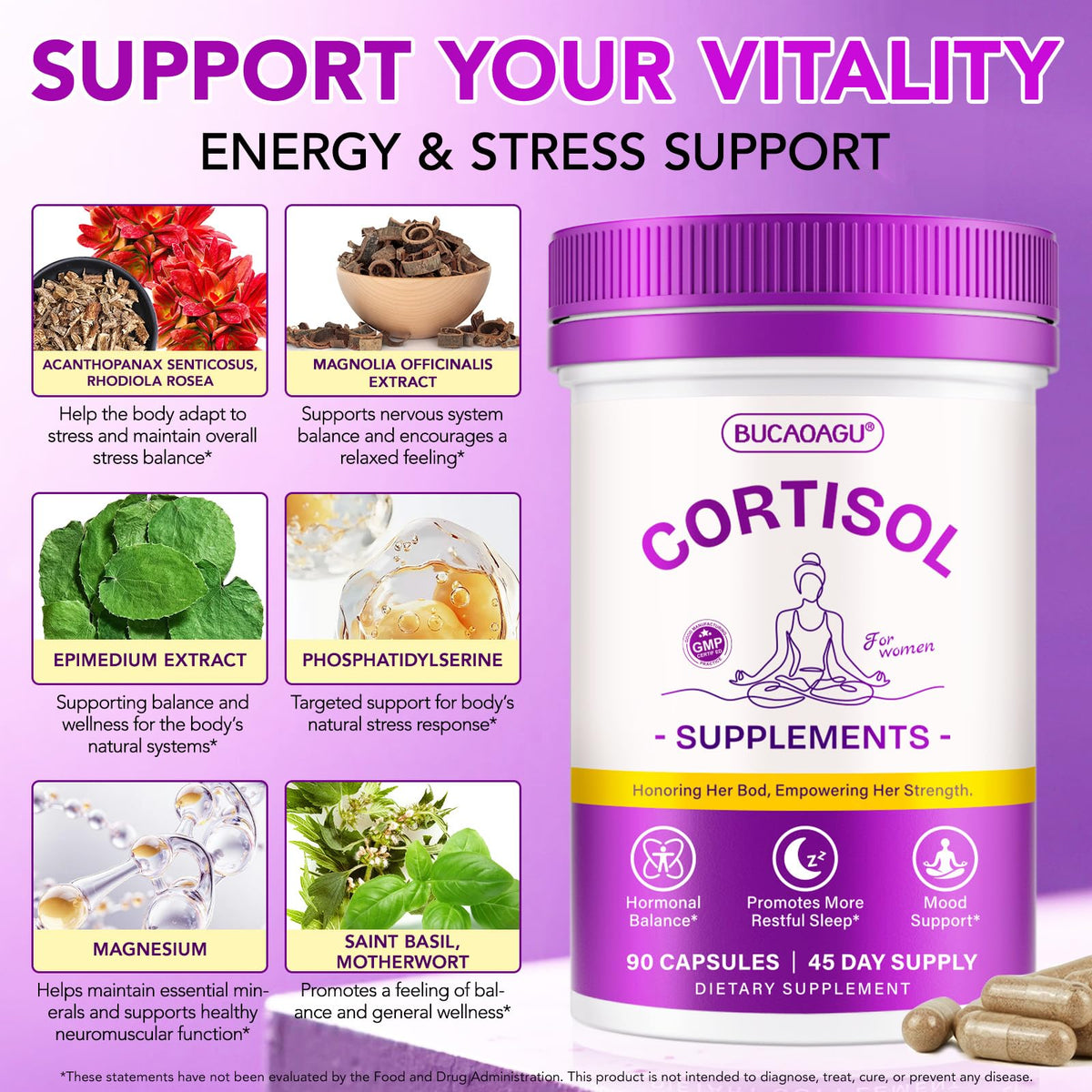 BUCAOAGU Cortisol Supplements for Women - Cortisol Reducer & Stress Support - Magnolia Bark, Rhodiola Rosea, Holy Basil, Magnesuim, Phosphatidylserine - Hormone Balance & Mood, Focus, Sleep Support BUCAOAGUBuy Supplements Australia