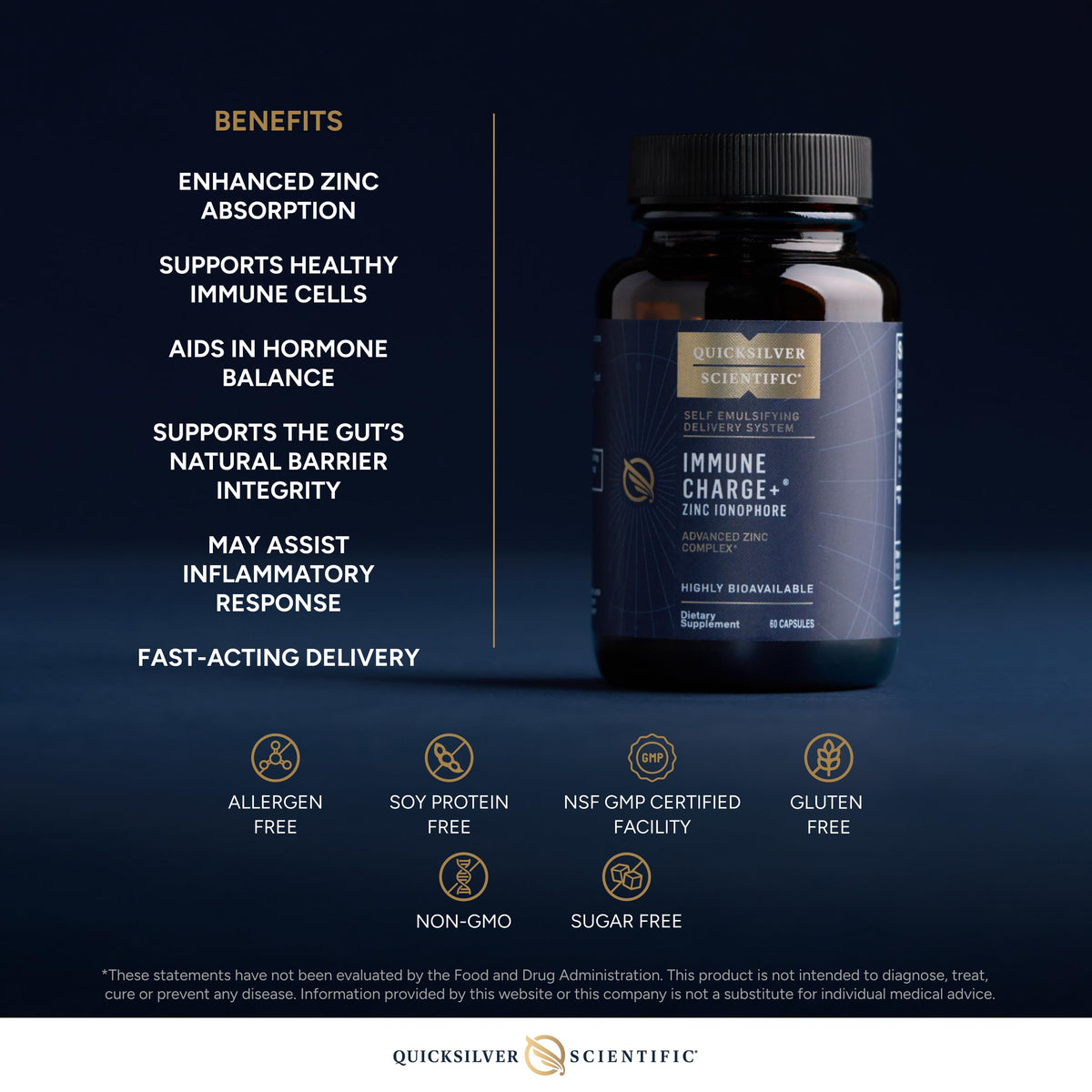 Quicksilver Scientific Immune Charge+ Zinc Ionophore - Zinc Supplement Complexed with Quercetin, Luteolin, Hesperetin Immune + GI Support (60 Capsules) Quicksilver ScientificBuy Supplements Australia