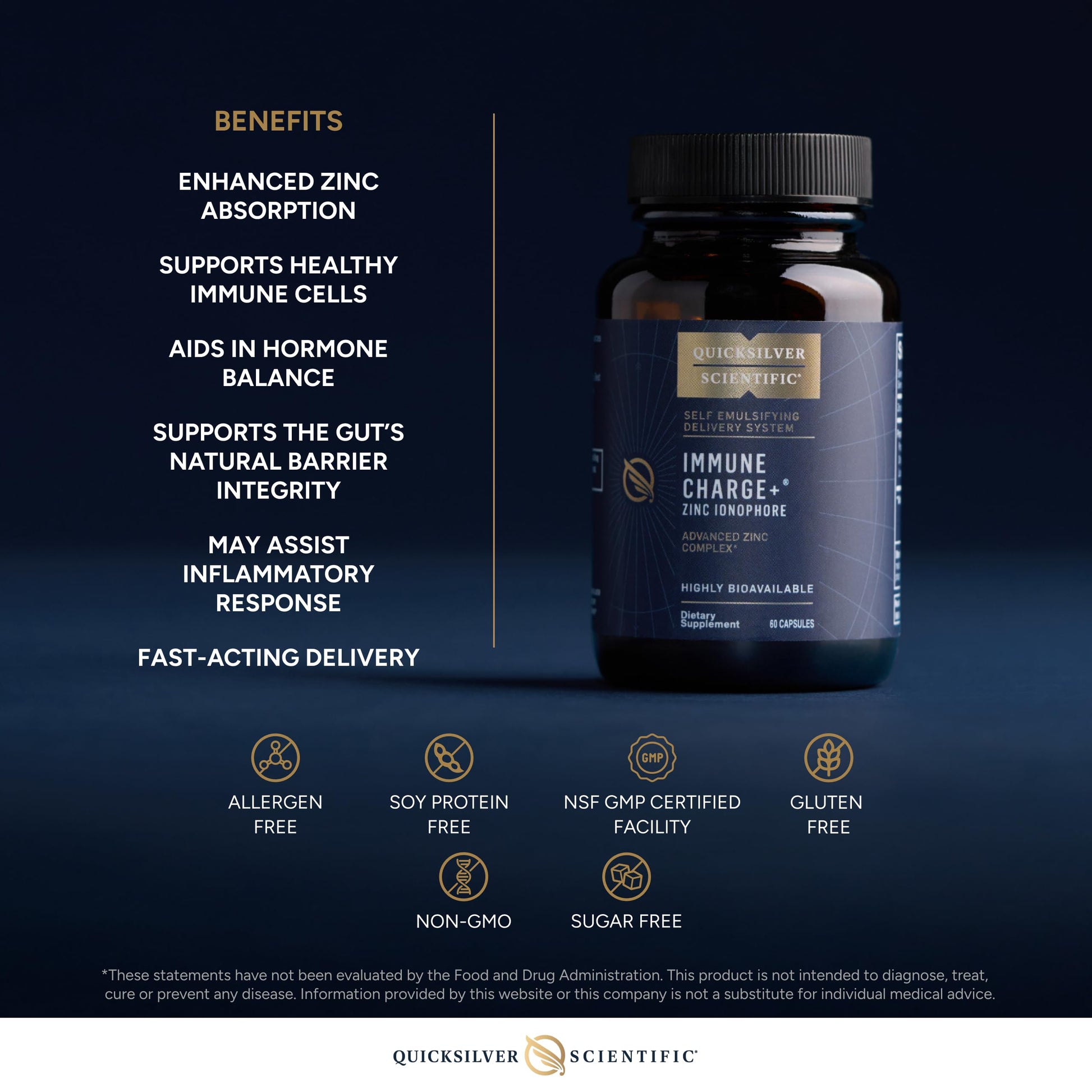 Quicksilver Scientific Immune Charge+ Zinc Ionophore - Zinc Supplement Complexed with Quercetin, Luteolin, Hesperetin Immune + GI Support (60 Capsules) Quicksilver ScientificBuy Supplements Australia