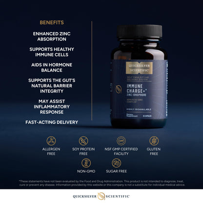 Quicksilver Scientific Immune Charge+ Zinc Ionophore - Zinc Supplement Complexed with Quercetin, Luteolin, Hesperetin Immune + GI Support (60 Capsules) Quicksilver ScientificBuy Supplements Australia