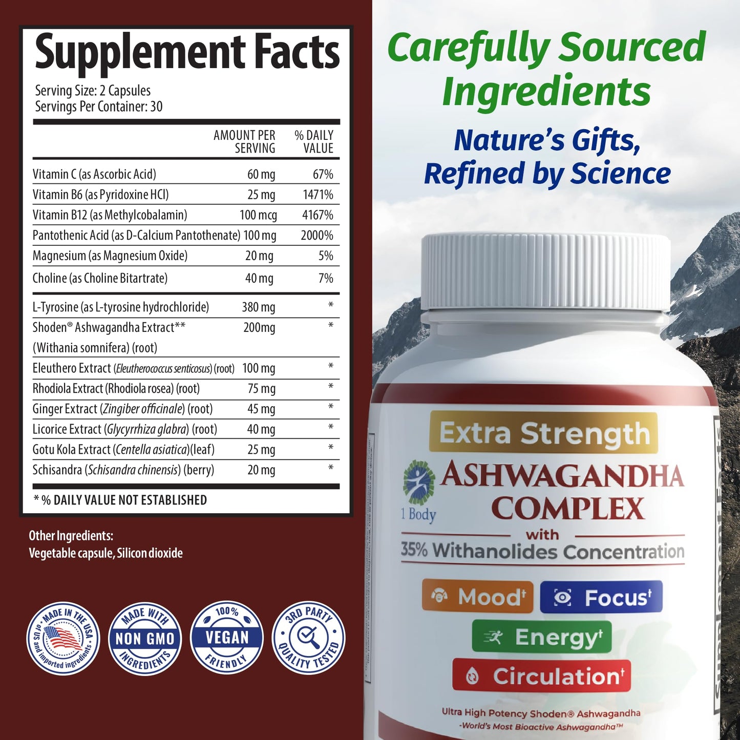 Ashwagandha Complex Adrenal Support Supplement for Stress Relief, Cortisol Balance, Energy & Focus, Mood Support, 35% Withanolides, 60 Vegan Capsules 1 BodyBuy Supplements Australia