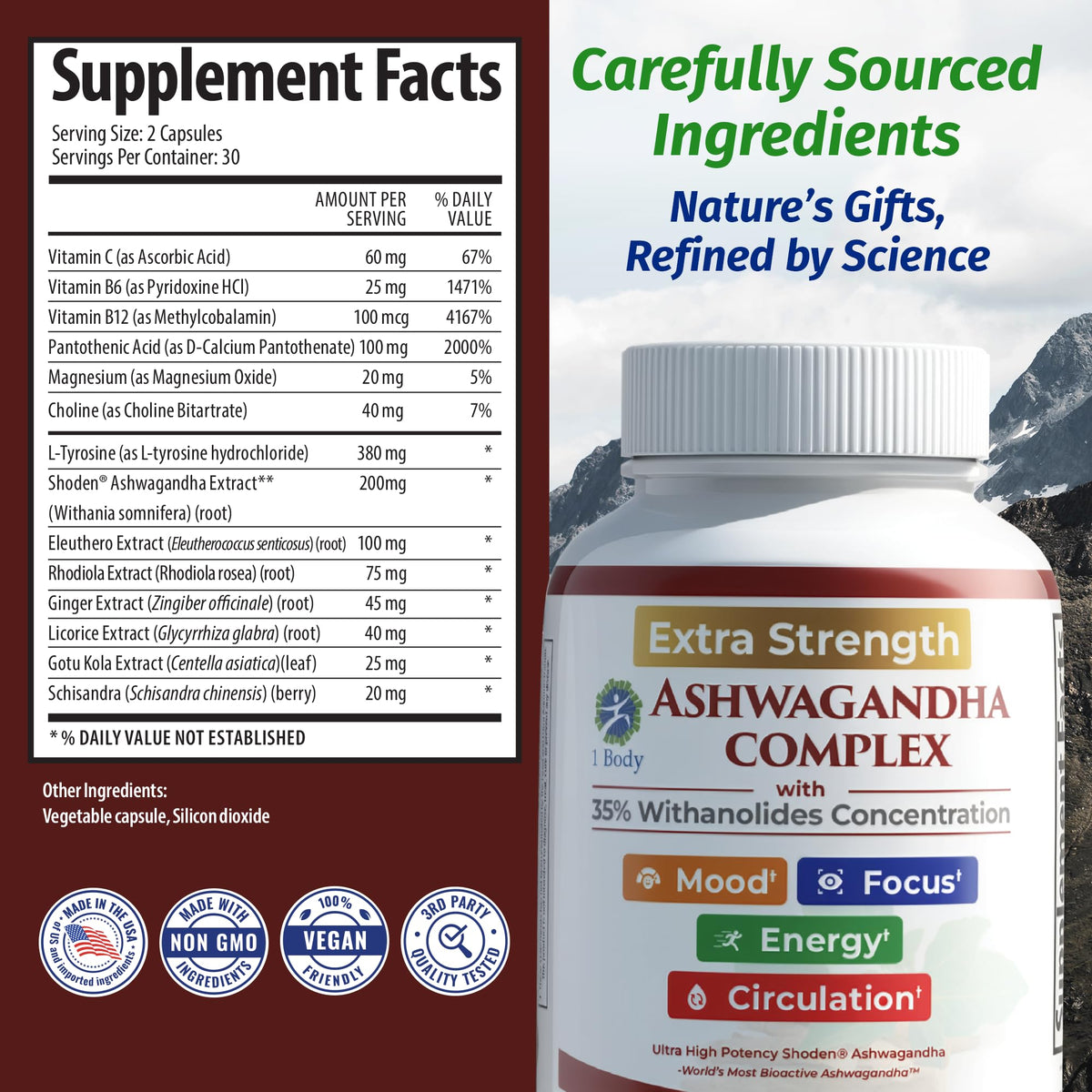Ashwagandha Complex Adrenal Support Supplement for Stress Relief, Cortisol Balance, Energy & Focus, Mood Support, 35% Withanolides, 60 Vegan Capsules 1 BodyBuy Supplements Australia