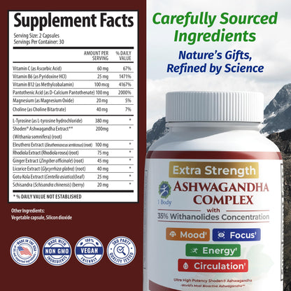 Ashwagandha Complex Adrenal Support Supplement for Stress Relief, Cortisol Balance, Energy & Focus, Mood Support, 35% Withanolides, 60 Vegan Capsules 1 BodyBuy Supplements Australia