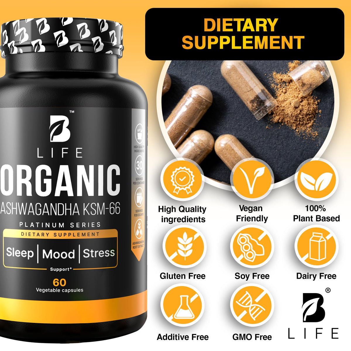 Organic Ashwagandha KSM-66 1000 mg Supplement | Adaptogen for Cortisol Support & Stress Relief | Mood, Calm & Sleep Aid for Men & Women | Ashwagandha ritual vitamins for women | 60 Vegan Caps B Life CompanyBuy Supplements Australia