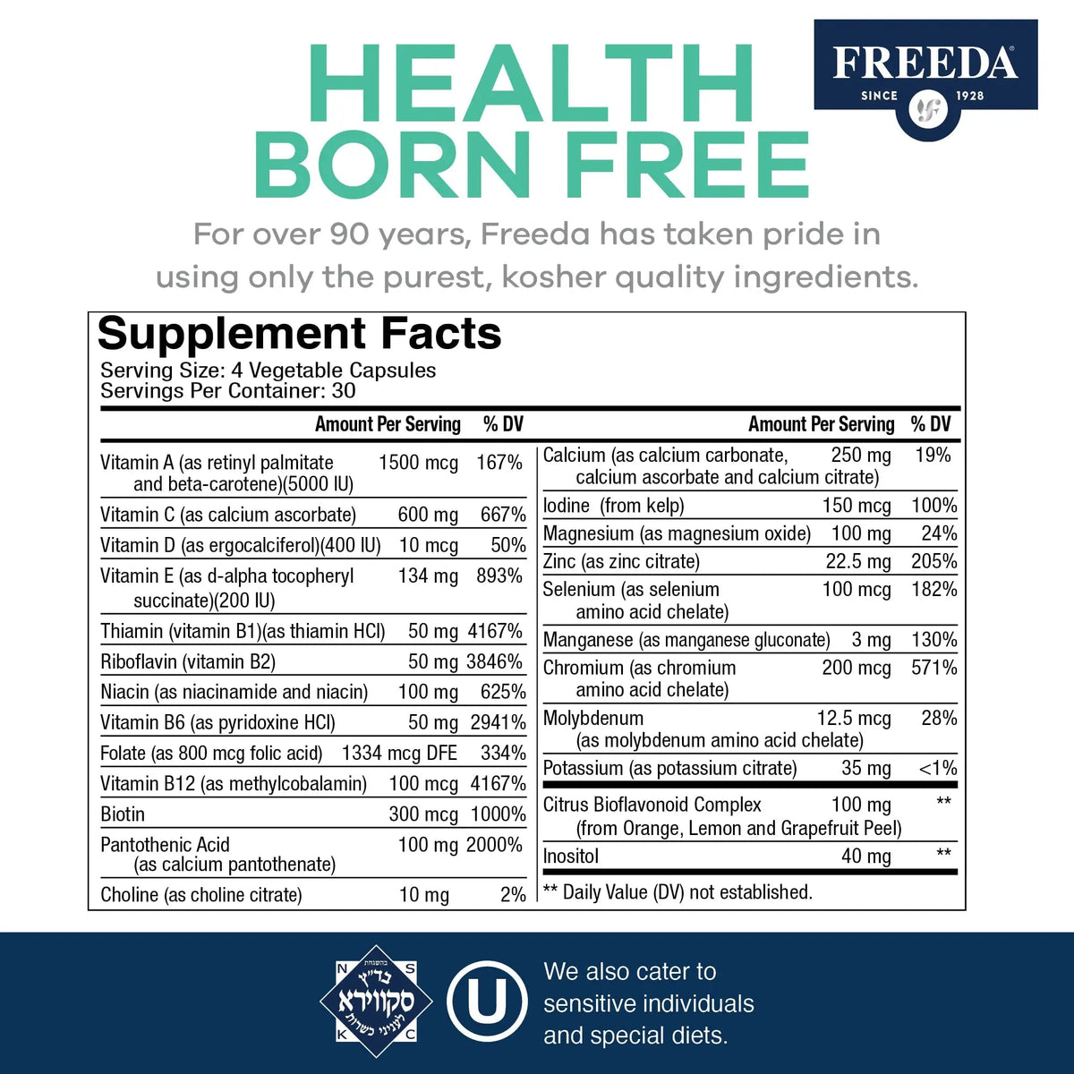 FREEDA Ultra Multivitamin Capsules – High-Potency Daily Supplement for Men & Women – Iron-Free – 120 Count – Kosher Certified FREEDA