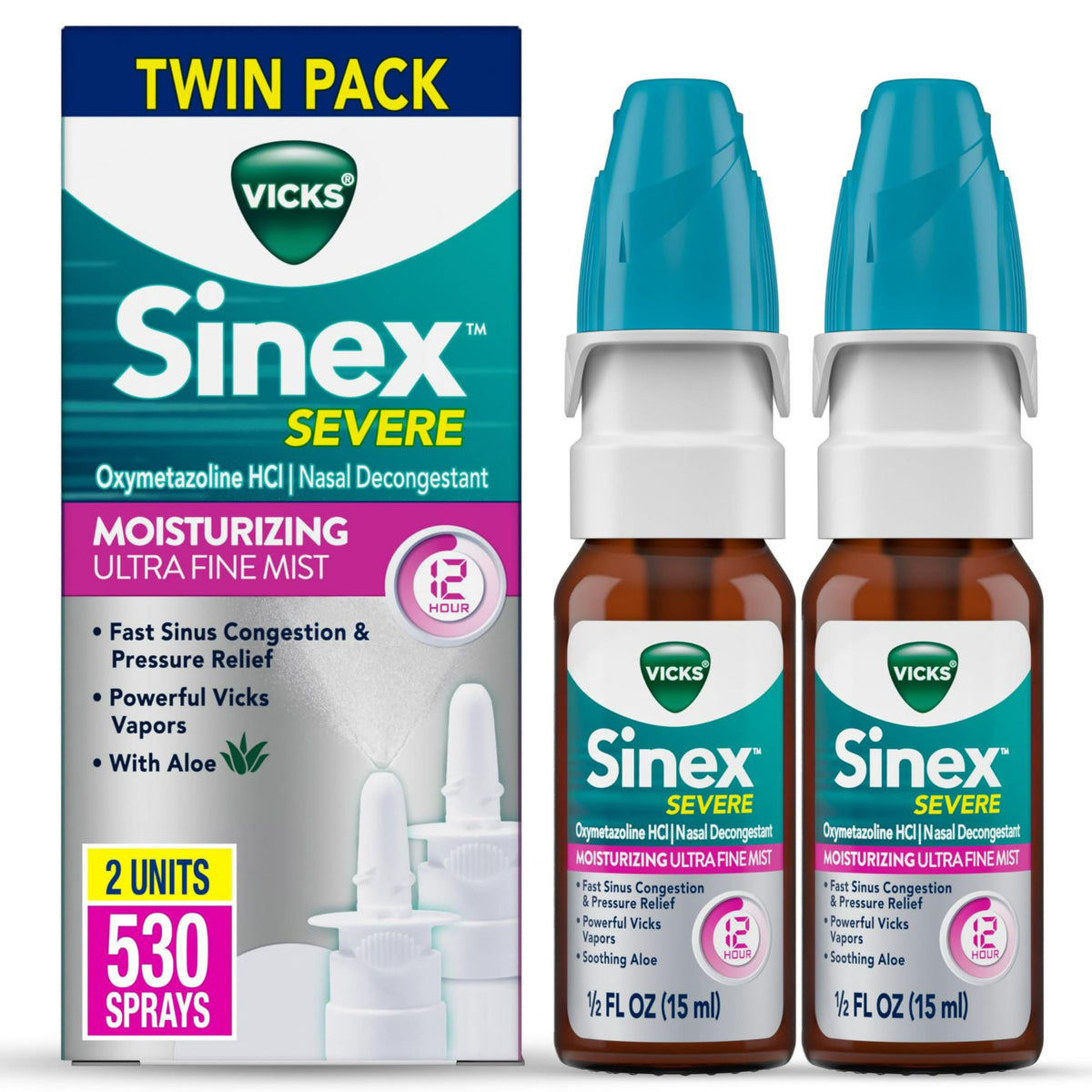 Vicks Sinex Severe Nasal Spray, Moisturizing Ultra Fine Mist with Aloe, Decongestant Medicine, Relief from Stuffy Nose Due to Cold or Allergy, Nasal Congestion & Sinus Pressure Relief, 265 Sprays x 2 Vicks buy supplements Au