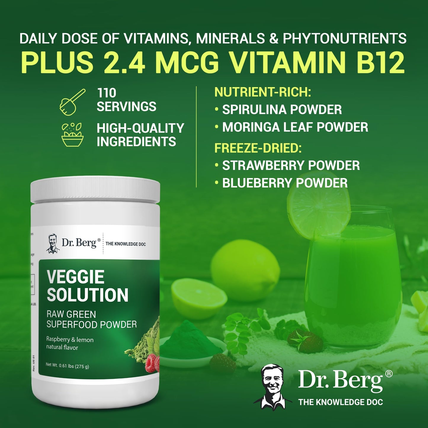 Dr. Berg's (Veggie Solution) Organic Super Greens Powder w/Spirulina - Raw Green Dr. Berg NutritionalsBuy Supplements Australia
