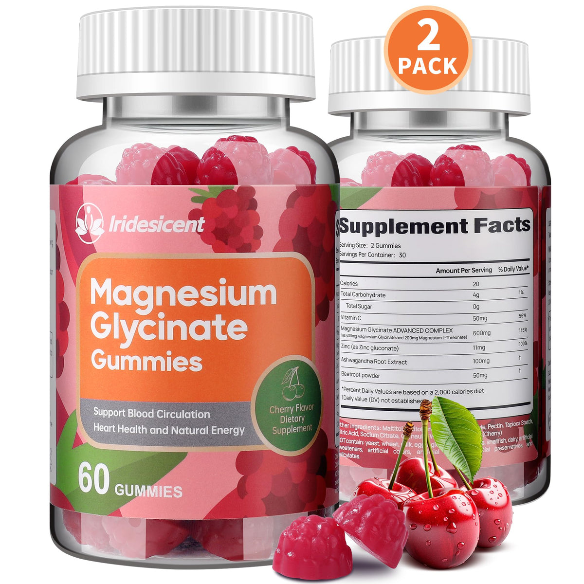 IRIDESICENT Magnesium Glycinate Gummies 400mg, Sugar Free Magnesium Supplement w/Ashwagandha, Zinc, Vegan Magnesium Glycinate Supplement for Adults - 120 Cherry Gummies IRIDESICENTBuy Supplements Australia