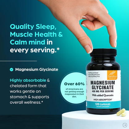 Magnesium Glycinate 400mg High Absorption Capsules with Quercetin | Quality Sleep, Relaxation & Muscle Health Supplement for Women and Men | Chelated Magnesium 120 Count Sandhu's canada supplements
