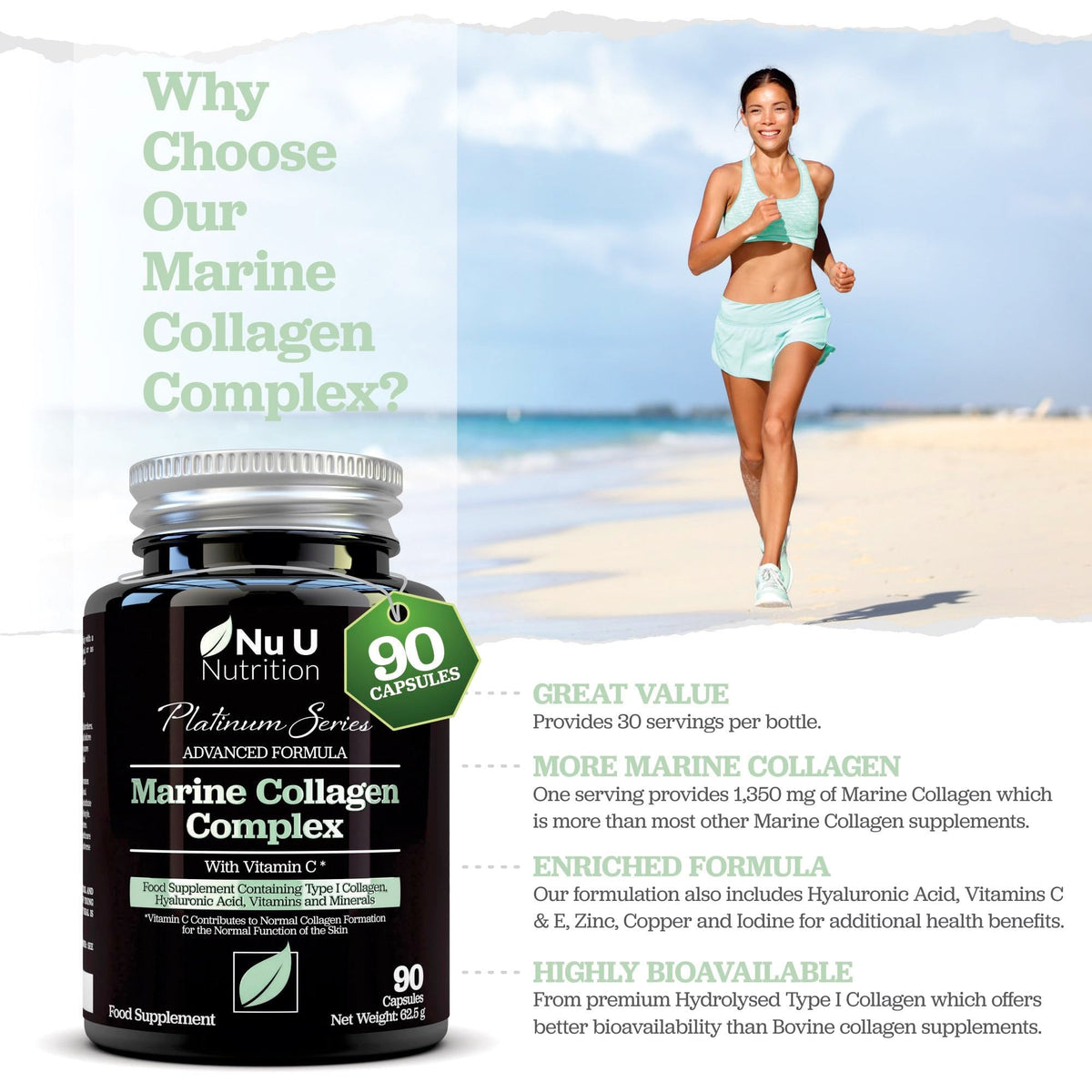 Marine Collagen with Hyaluronic Acid, Vitamin C - 90 Hydrolysed Capsules (not Tablets Nu U NutritionBuy Supplements Australia