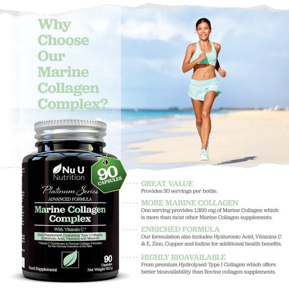 Marine Collagen with Hyaluronic Acid, Vitamin C - 90 Hydrolysed Capsules (not Tablets Nu U NutritionBuy Supplements Australia