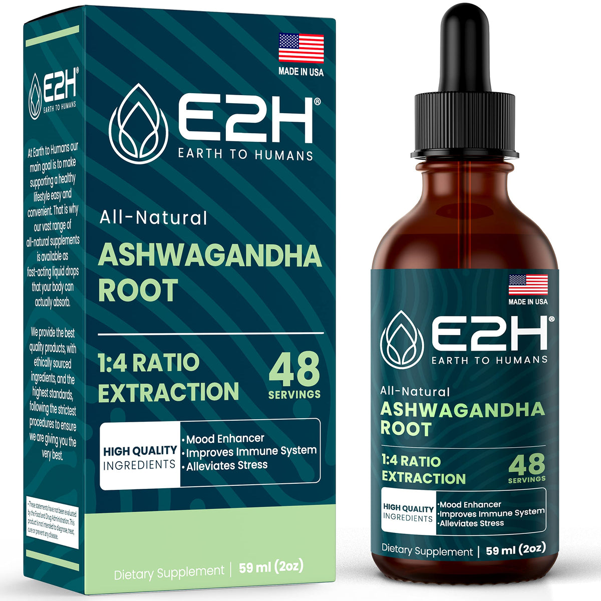E2H Ashwagandha Liquid Drops - All-Natural Ashwagandha Supplement for Stress Relief and Mood Enhancer- Organic Ashwagandha Root Extract Effective Cortisol Manager | Non-GMO, Vegan | 2 Fl Oz E2H EARTH TO HUMANSBuy Supplements Australia